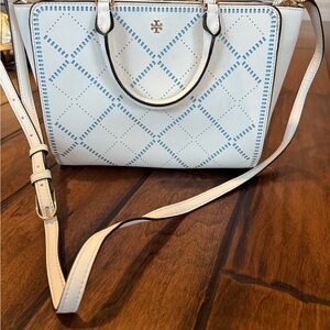Tory Burch White and Blue Satchel